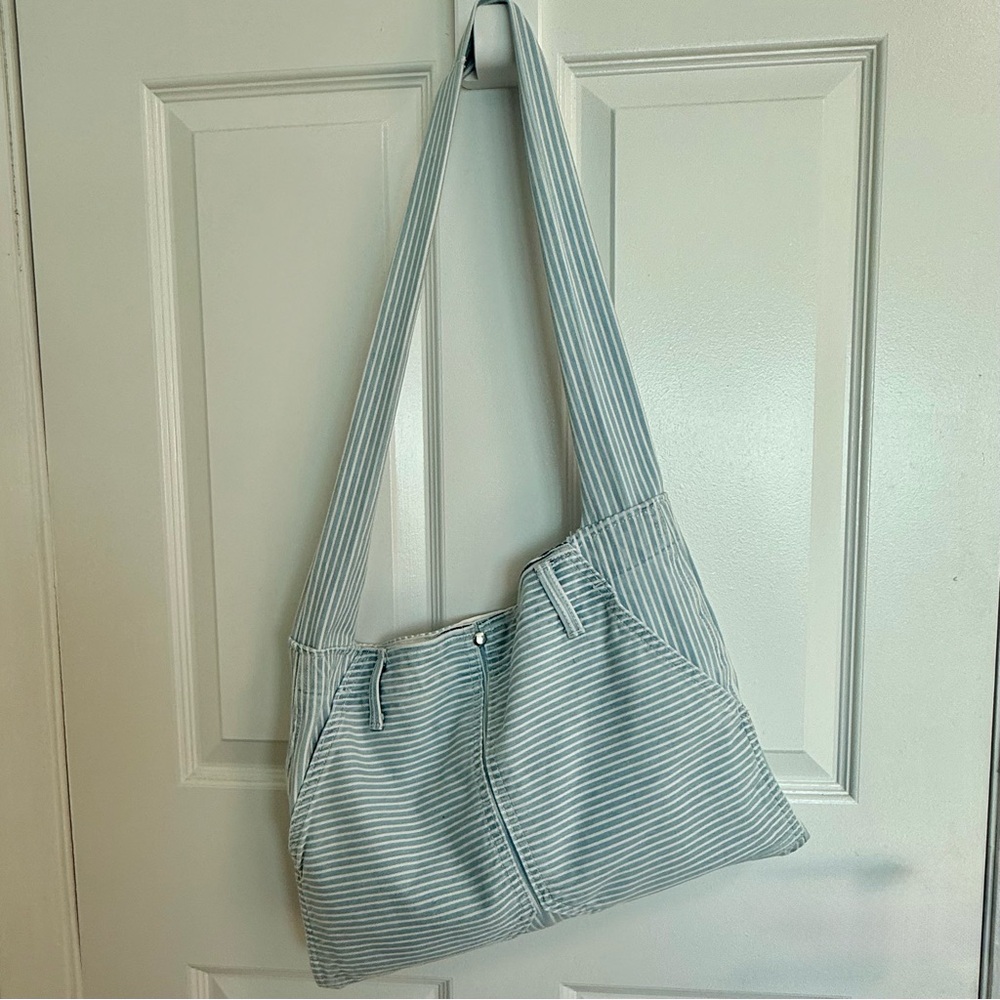 Handmade Upcycled Striped Pants Hobo Bag | Baby Blue | Slouchy | One of a Kind